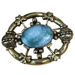 Vintage Blue Glass Cabochon Brooch Gold Tone Circle Floral Leaf Pin Estate